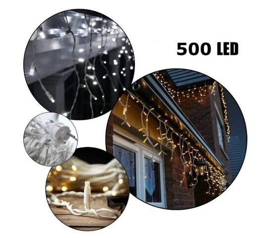 500 LED 25 metrai lempučių lauko girlianda varvekliai su baltu laidu, šaltai baltos spalvos flash